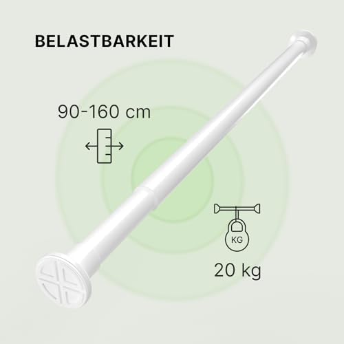 MEISENBERG Teleskop Gardinenstange ohne Bohren 90-160cm, Weiß – Ideal für Vorhänge, Duschen und Türöffnungen