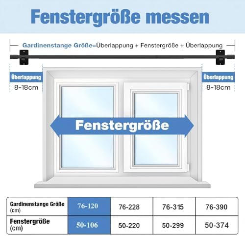 Gardinenstange ohne Bohren von – Ausziehbare Vorhangstange 76-228 cm in Schwarz Matt für einfache Montage und stilvolle