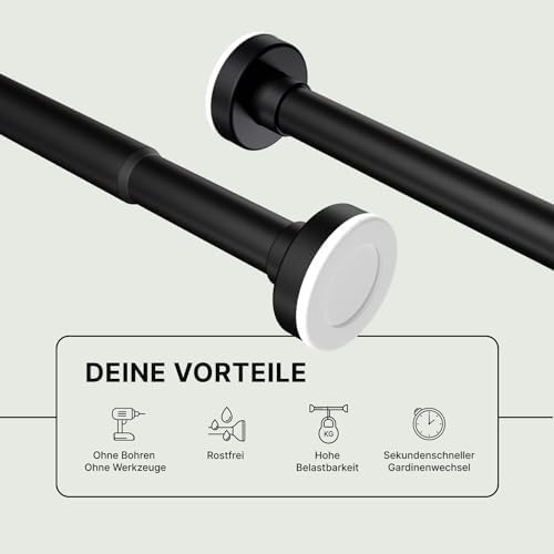 MEISENBERG Gardinenstange zum Klemmen - Schwarz, Ø 25 mm - Bohrenfreie Duschstange für Fenster & Terrasse (70-120cm)