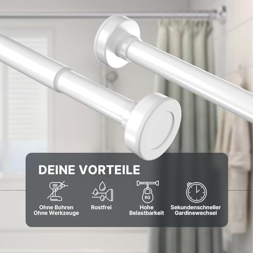 MEISENBERG Teleskopstange ohne Bohren - Multifunktionale Vorhangstange für Fenster und Küche (70-120cm) - Weiß, Ø 25 mm