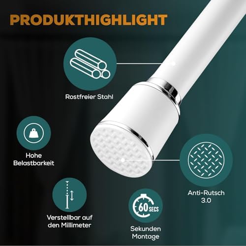 MEISENBERG Klemmstange 320-370cm, Weiß Ø 32mm – Vorhangstange ohne Bohren für Fenster & Dusche