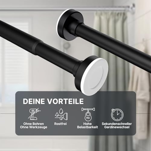 MEISENBERG Gardinenstange zum Klemmen - Schwarz, Ø 25 mm - Bohrenfreie Duschstange für Fenster & Terrasse (70-120cm)