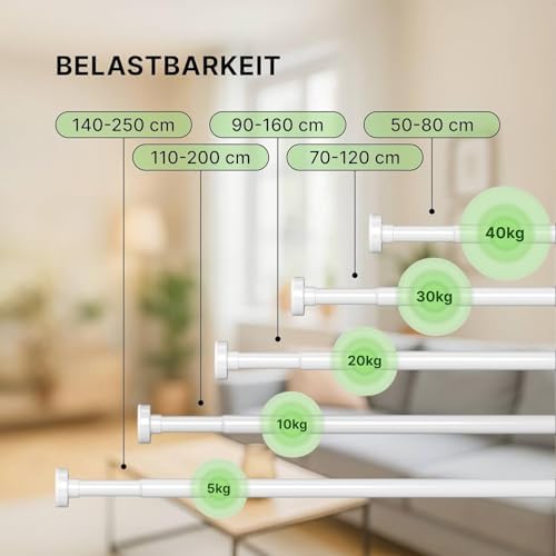 MEISENBERG Gardinenstange zum Klemmen - Schwarz, Ø 25 mm - Bohrenfreie Duschstange für Fenster & Terrasse (70-120cm)