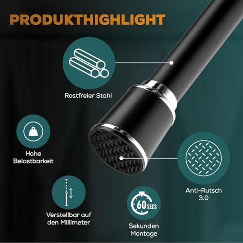 MEISENBERG Klemmstange 320-370cm, Weiß Ø 32mm – Vorhangstange ohne Bohren für Fenster & Dusche