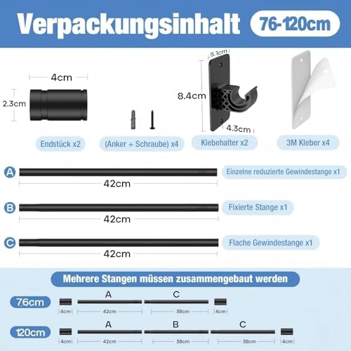 Gardinenstange ohne Bohren von – Ausziehbare Vorhangstange 76-228 cm in Schwarz Matt für einfache Montage und stilvolle
