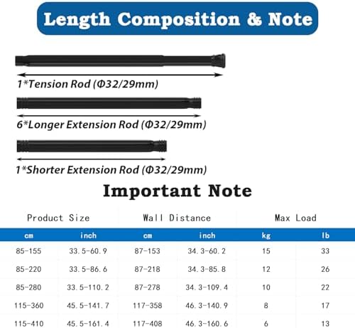 KIKAR Vorhangstange ohne Bohren - Teleskop Spannstange für Badezimmer und Fenster 83-145CM, Schwarz 25mm