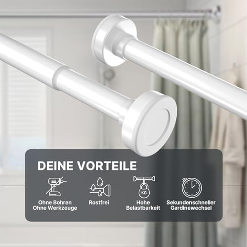 MEISENBERG Teleskopstange ohne Bohren - Multifunktionale Vorhangstange für Fenster und Küche (70-120cm) - Weiß, Ø 25 mm