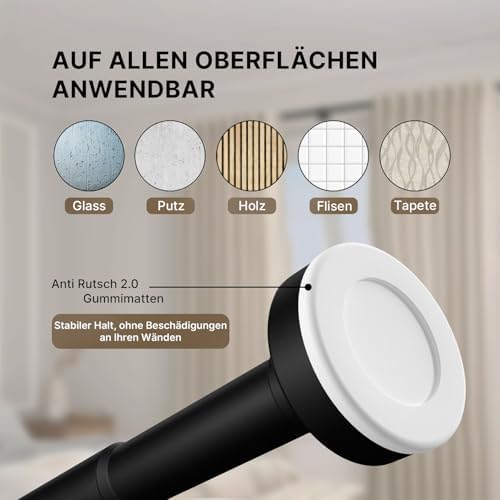 MEISENBERG Gardinenstange zum Klemmen - Schwarz, Ø 25 mm - Bohrenfreie Duschstange für Fenster & Terrasse (70-120cm)