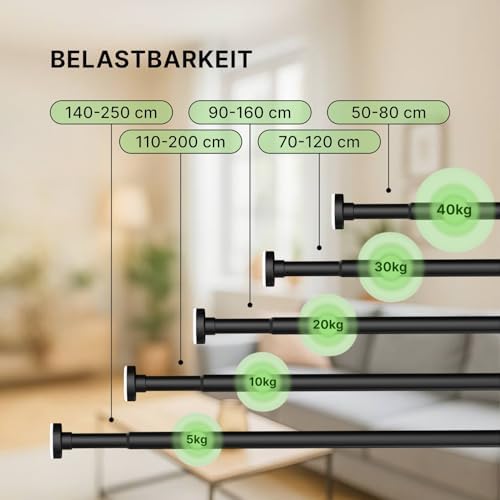MEISENBERG Gardinenstange zum Klemmen - Schwarz, Ø 25 mm - Bohrenfreie Duschstange für Fenster & Terrasse (70-120cm)