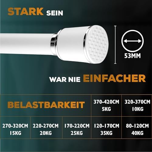 MEISENBERG Klemmstange 320-370cm, Weiß Ø 32mm – Vorhangstange ohne Bohren für Fenster & Dusche