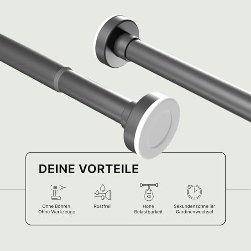 MEISENBERG Gardinenstange zum Klemmen - Schwarz, Ø 25 mm - Bohrenfreie Duschstange für Fenster & Terrasse (70-120cm)
