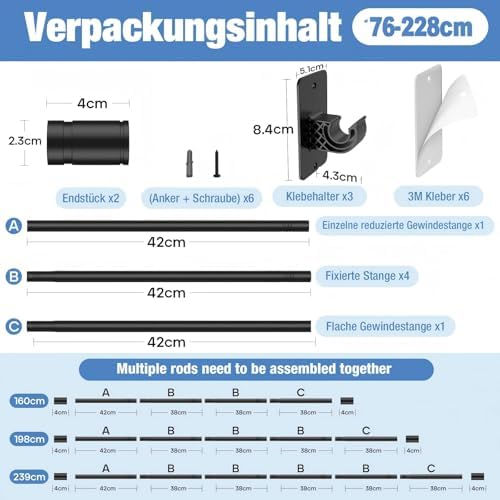 Gardinenstange ohne Bohren von – Ausziehbare Vorhangstange 76-228 cm in Schwarz Matt für einfache Montage und stilvolle