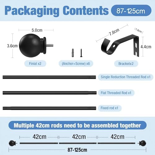 Gardinenstange ohne Bohren von – Ausziehbare Vorhangstange 76-228 cm in Schwarz Matt für einfache Montage und stilvolle