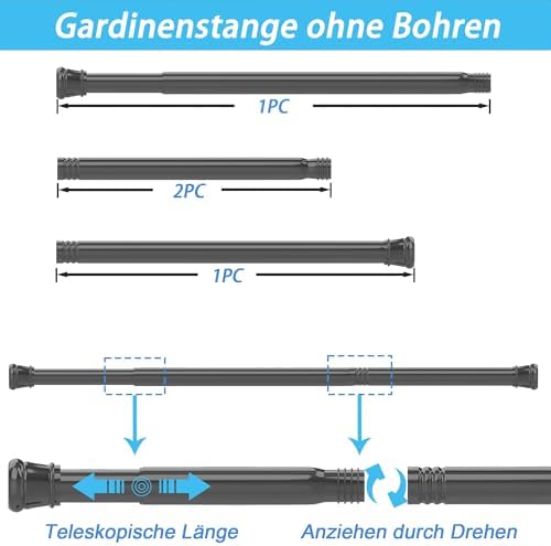 KIKAR Vorhangstange ohne Bohren - Teleskop Spannstange für Badezimmer und Fenster 83-145CM, Schwarz 25mm