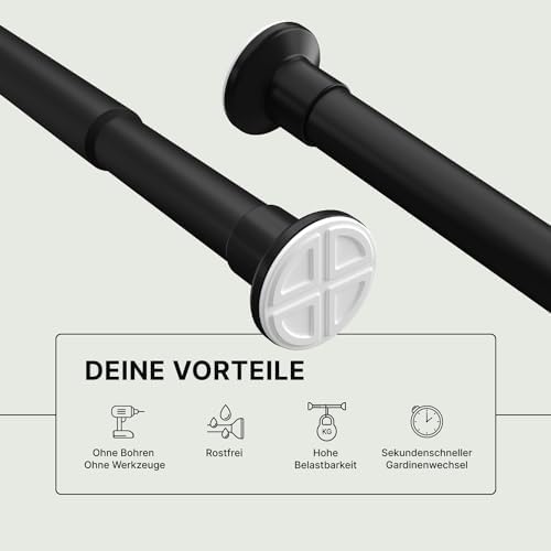 MEISENBERG Gardinenstange ohne Bohren 210-260cm – Robuste Teleskopstange in Matt Schwarz für Vorhänge und Raumteiler