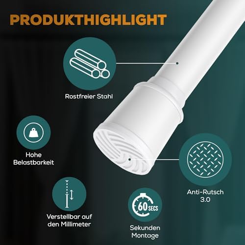 MEISENBERG Teleskopstange zum Klemmen 270-320 cm - Ausziehbare Gardinenstange ohne Bohren für Fenster und Küche in Weiß