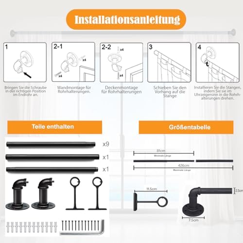 LUXFEN 1 Zoll Industrielle Gardinenstange 81-122cm – Rustikale Outdoor Deko für Fenster & Raumteiler, Schwarz