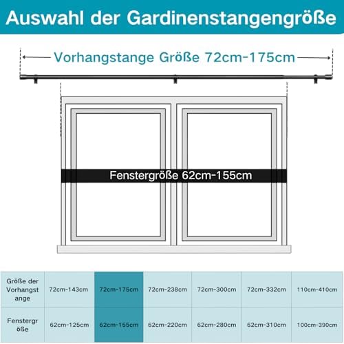 Ausziehbare Vorhangstange von – Verstellbare Gardinenstange für Schlafzimmer, Wohnzimmer, Küche (72-155CM Φ25mm)