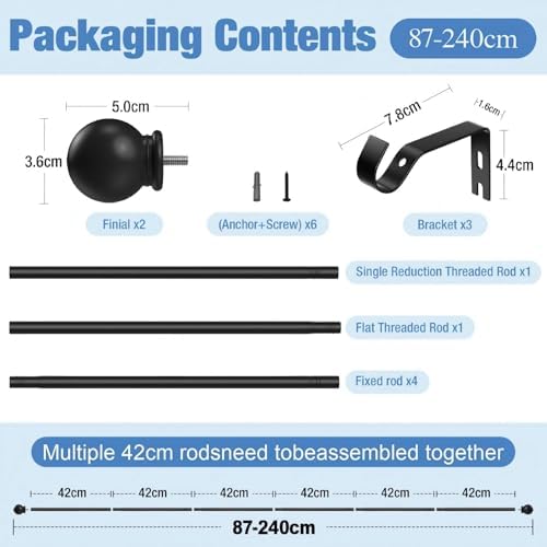Gardinenstange ohne Bohren von – Ausziehbare Vorhangstange 76-228 cm in Schwarz Matt für einfache Montage und stilvolle