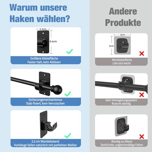 Gardinenstange ohne Bohren von – Ausziehbare Vorhangstange 76-228 cm in Schwarz Matt für einfache Montage und stilvolle