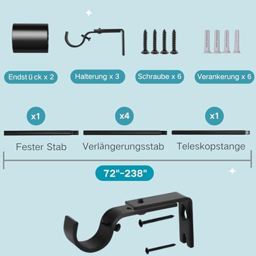 Ausziehbare Vorhangstange von – Verstellbare Gardinenstange für Schlafzimmer, Wohnzimmer, Küche (72-155CM Φ25mm)