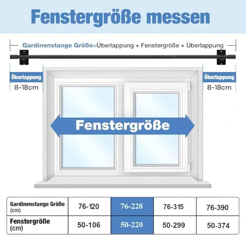 Gardinenstange ohne Bohren von – Ausziehbare Vorhangstange 76-228 cm in Schwarz Matt für einfache Montage und stilvolle