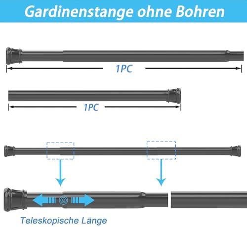 KIKAR Vorhangstange ohne Bohren - Teleskop Spannstange für Badezimmer und Fenster 83-145CM, Schwarz 25mm