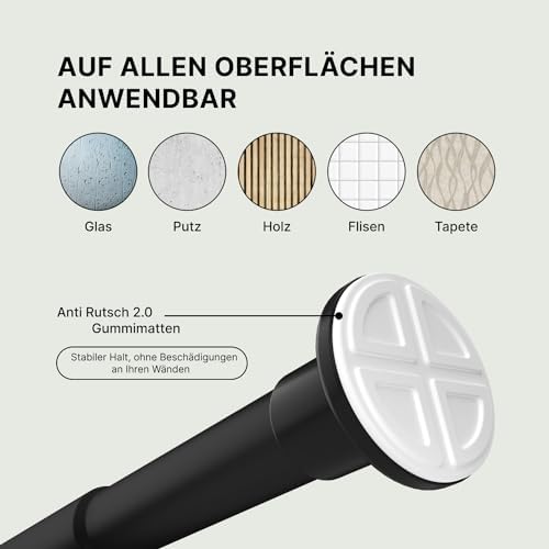 MEISENBERG Gardinenstange ohne Bohren 210-260cm – Robuste Teleskopstange in Matt Schwarz für Vorhänge und Raumteiler