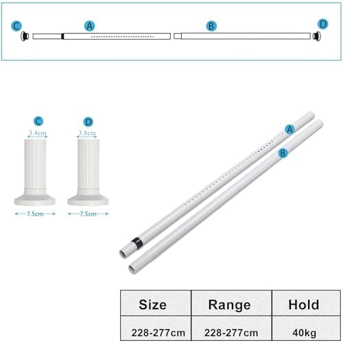 Teleskopstange ohne Bohren von – Ausziehbare Edelstahl Duschvorhangstange für große Fenster und Duschräume (Weiß, 228-2