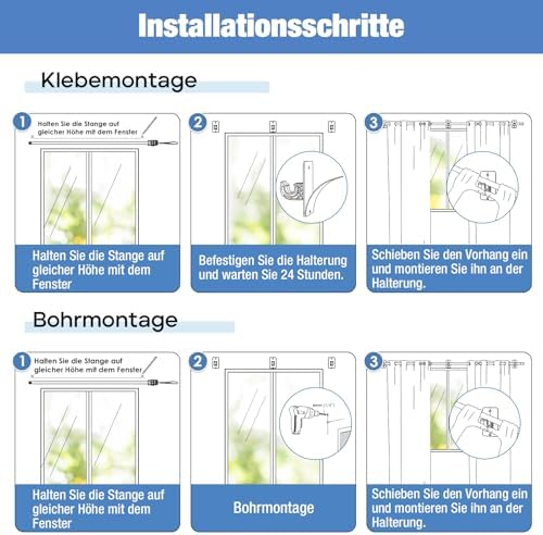 Gardinenstange ohne Bohren von – Ausziehbare Vorhangstange 76-228 cm in Schwarz Matt für einfache Montage und stilvolle