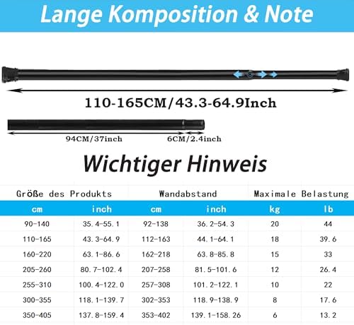 KIKAR Vorhangstange ohne Bohren - Teleskop Spannstange für Badezimmer und Fenster 83-145CM, Schwarz 25mm