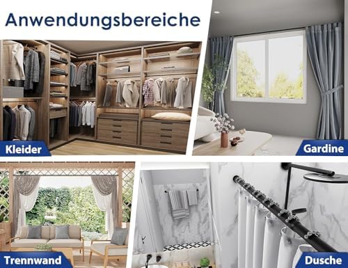 MEISENBERG Gardinenstange ohne Bohren 210-260cm – Robuste Teleskopstange in Matt Schwarz für Vorhänge und Raumteiler