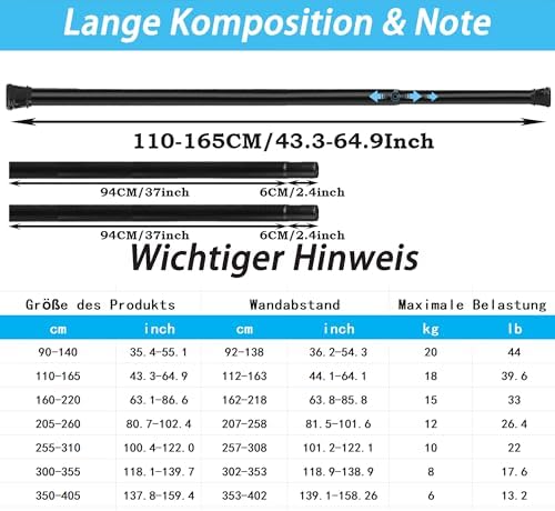 KIKAR Vorhangstange ohne Bohren - Teleskop Spannstange für Badezimmer und Fenster 83-145CM, Schwarz 25mm