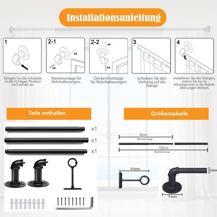 LUXFEN 1 Zoll Industrielle Gardinenstange 81-122cm – Rustikale Outdoor Deko für Fenster & Raumteiler, Schwarz