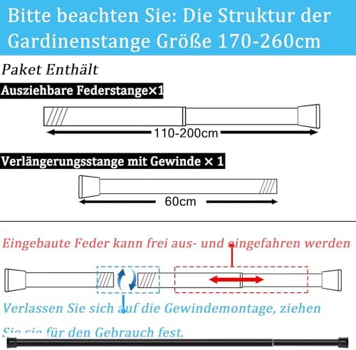 KIKAR Vorhangstange ohne Bohren - Teleskop Spannstange für Badezimmer und Fenster 83-145CM, Schwarz 25mm