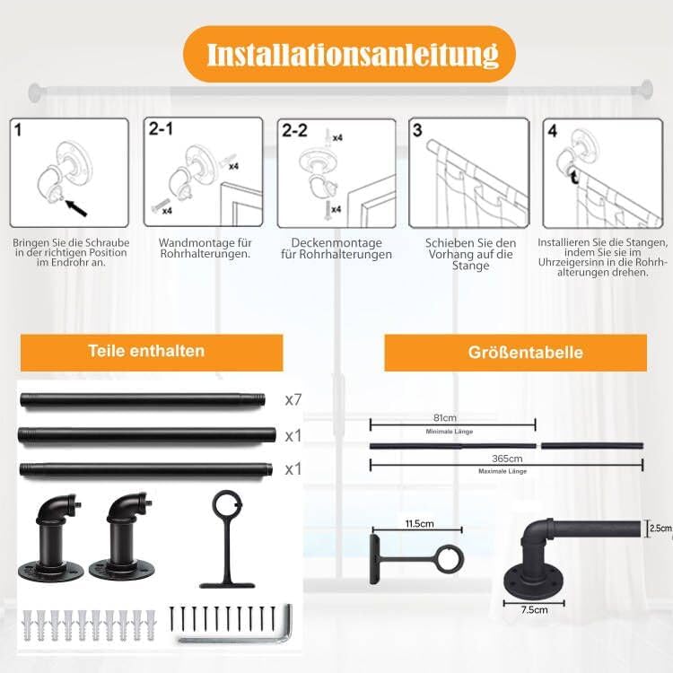 LUXFEN 1 Zoll Industrielle Gardinenstange 81-122cm – Rustikale Outdoor Deko für Fenster & Raumteiler, Schwarz