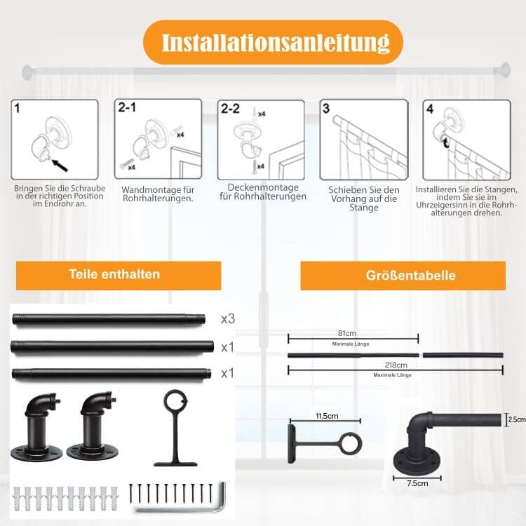 LUXFEN 1 Zoll Industrielle Gardinenstange 81-122cm – Rustikale Outdoor Deko für Fenster & Raumteiler, Schwarz