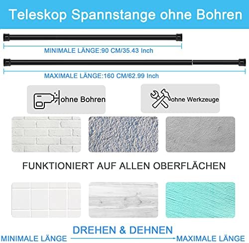 KIKAR Vorhangstange ohne Bohren - Teleskop Spannstange für Badezimmer und Fenster 83-145CM, Schwarz 25mm